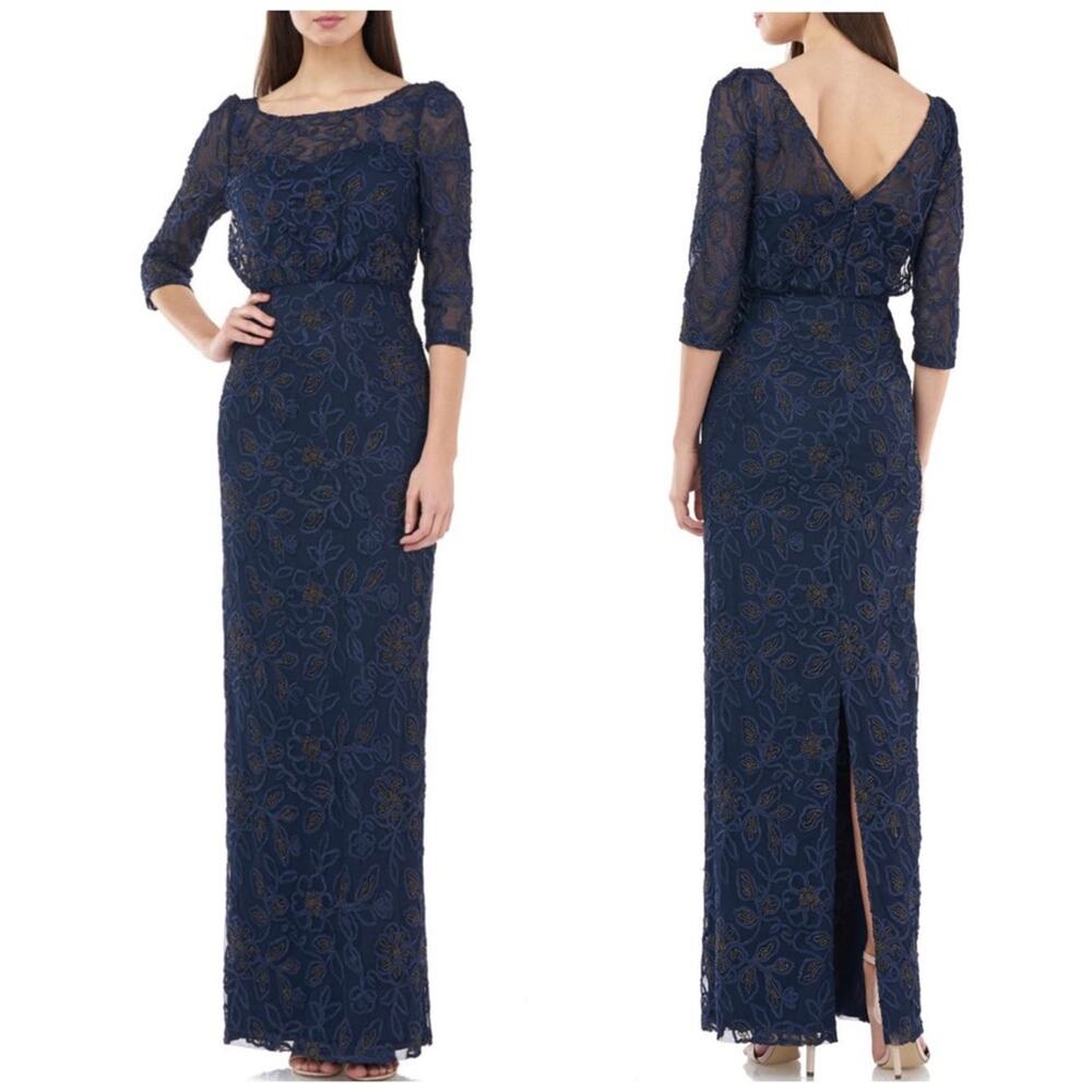 JS Collections Metallic Soutache Blouson Mesh Gown in Navy Gold, Size 10